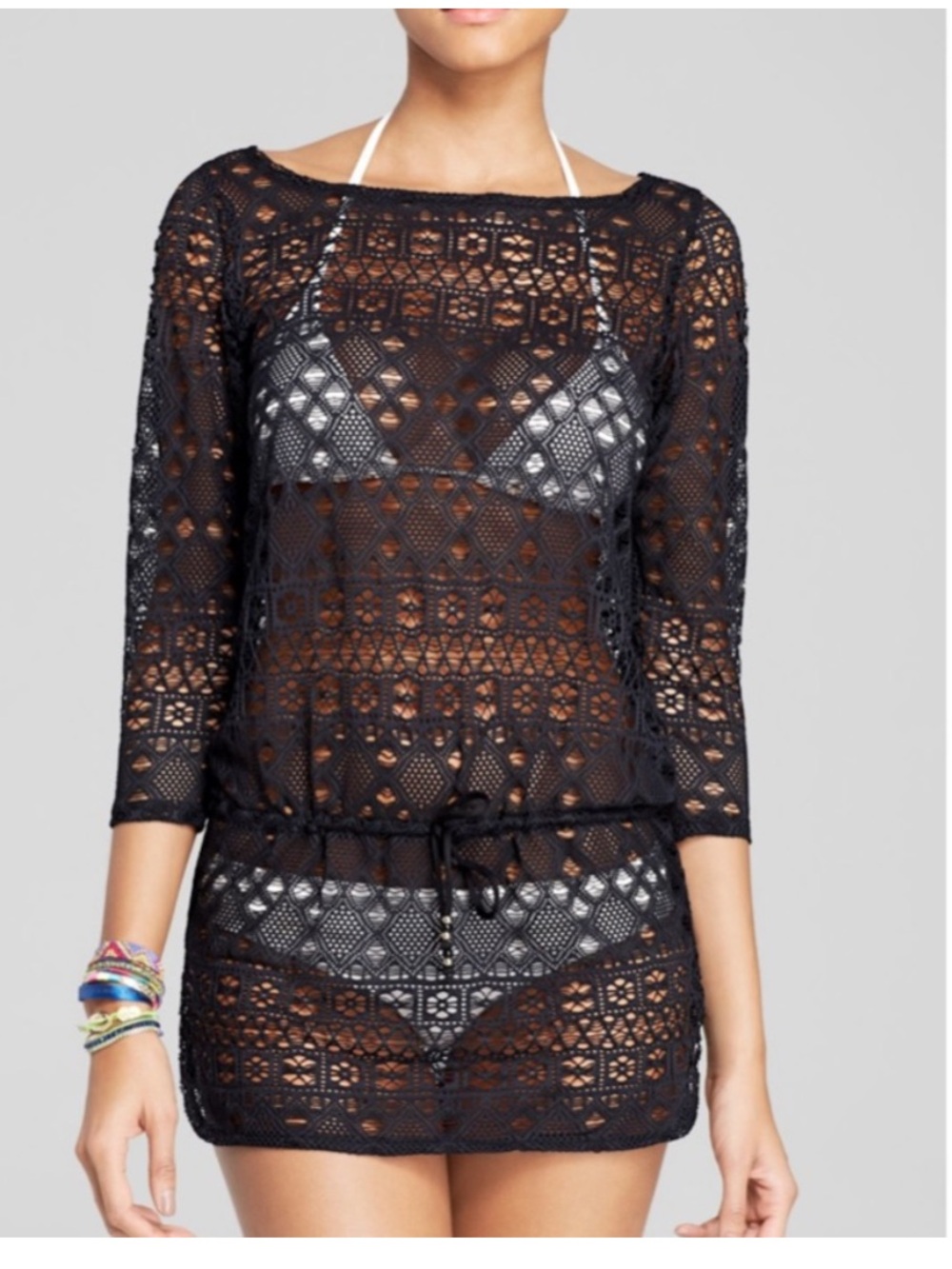 RALPH LAUREN Black Crochet Lace Swim Cover Up Tunic Medium Boho Resort